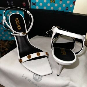 Versace White Heeled Sandals with Gold Accents